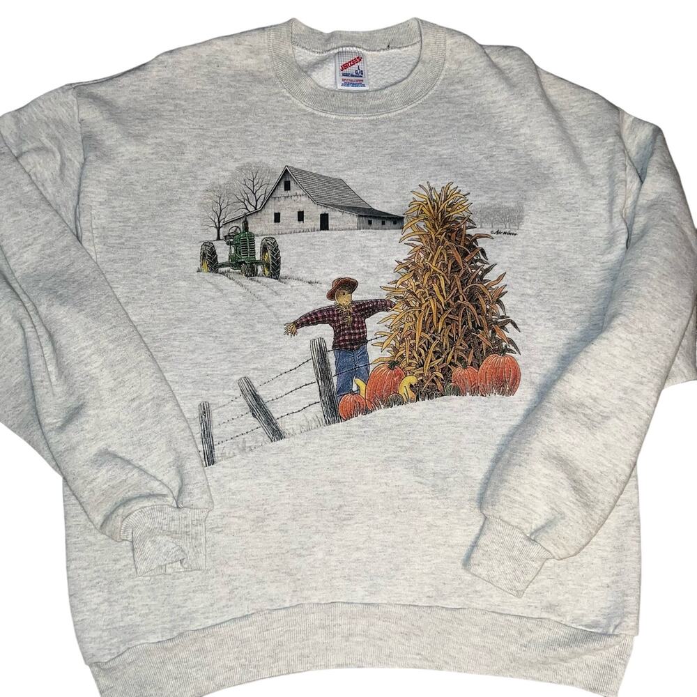 Vintage 90s Farm autumn fall scarecrow pumpkin crew neck sweatshirt size large